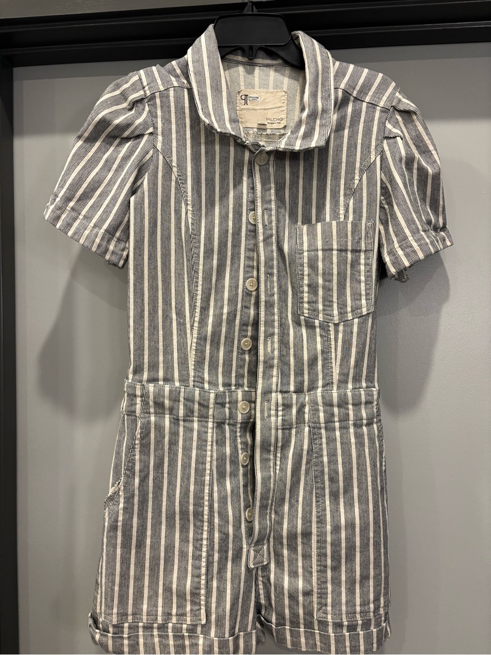 Pilcro Gray & White Striped Short-Sleeve Button Romper - Picture 1 of 3